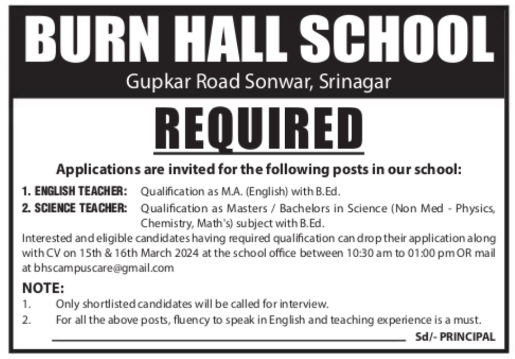 Burn Hall School Sonwar Srinagar Job Notice 2024