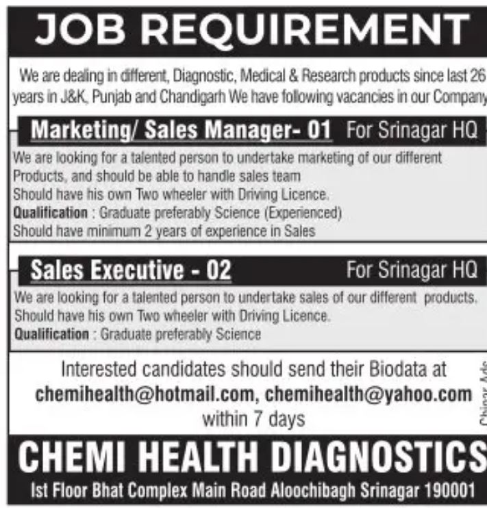 Chemi Health Diagnostics Job Notice