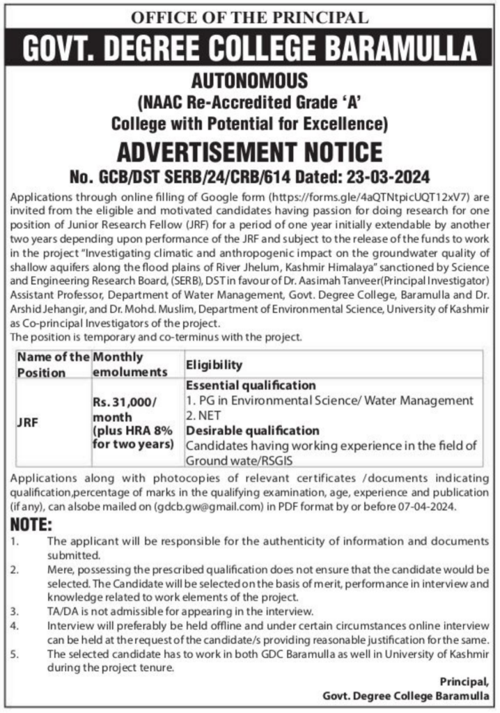 GDC Baramulla JRF Job Notice