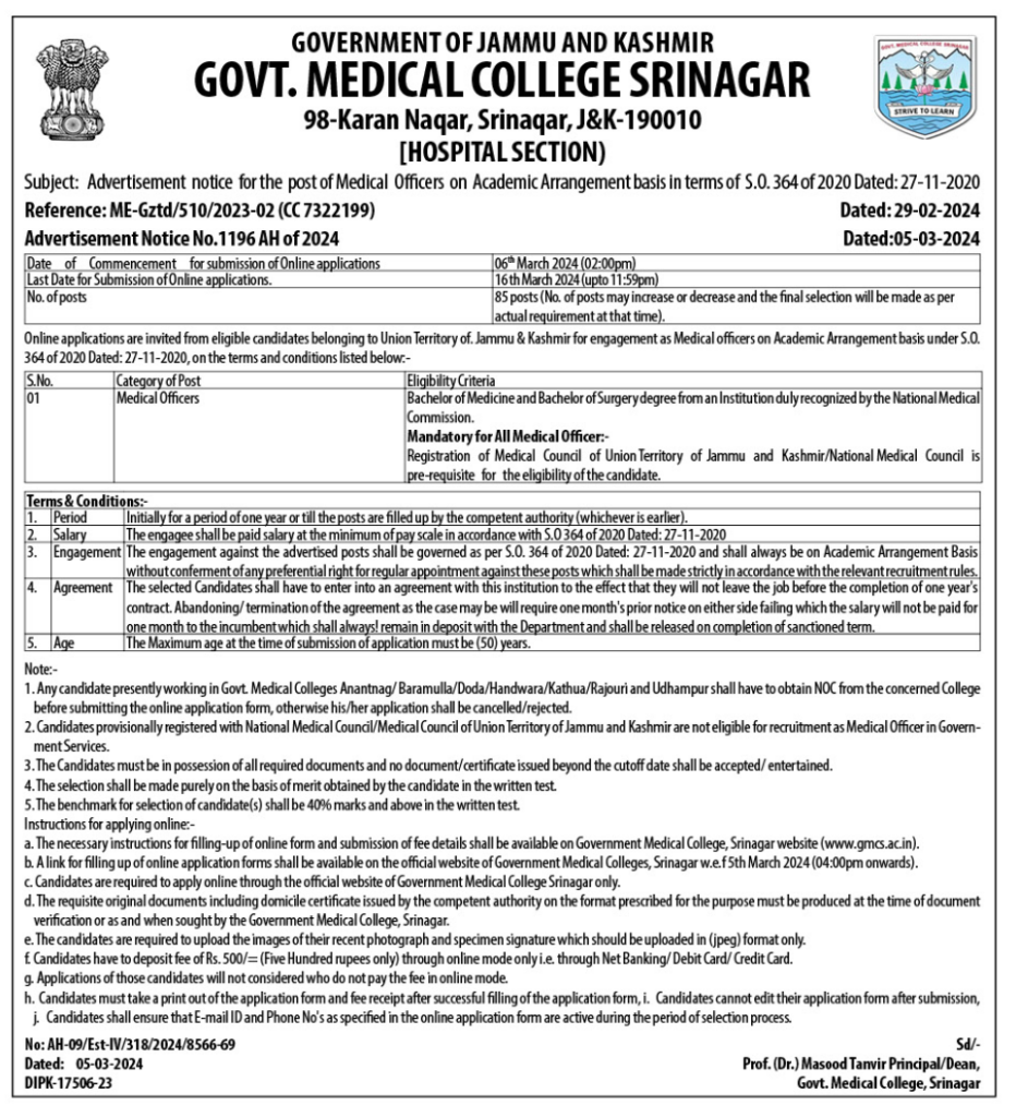GMC Srinagar 2024 Job Notification