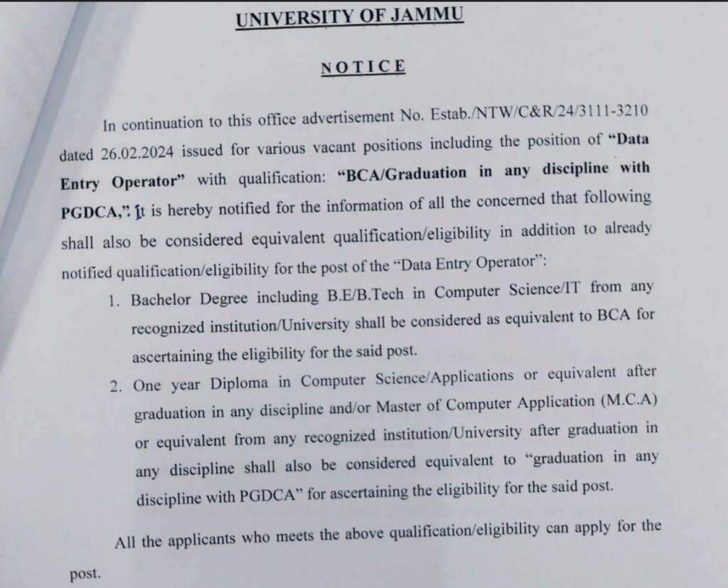 Jammu University DEO Qualification