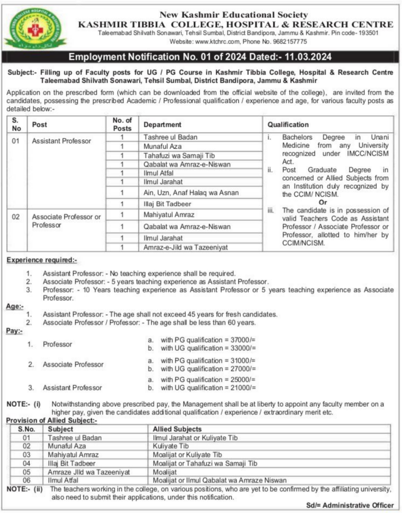 Kashmir Tibbia CollegeHospital Research Center Job Notice
