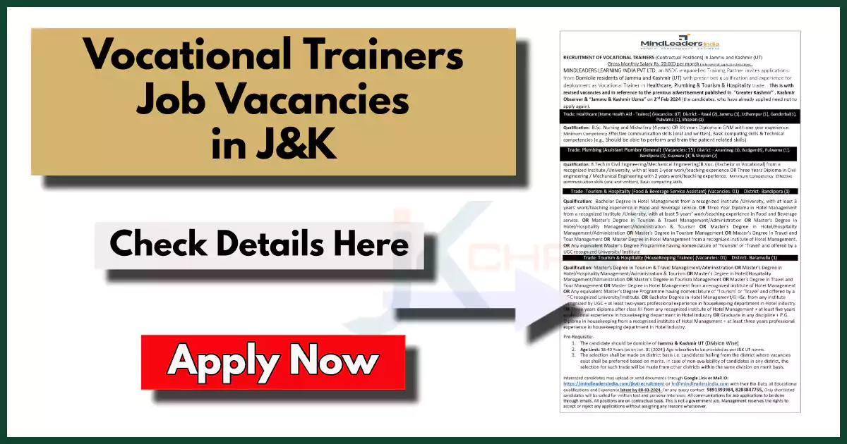 Vocational Trainers Recruitment in J&K 2024