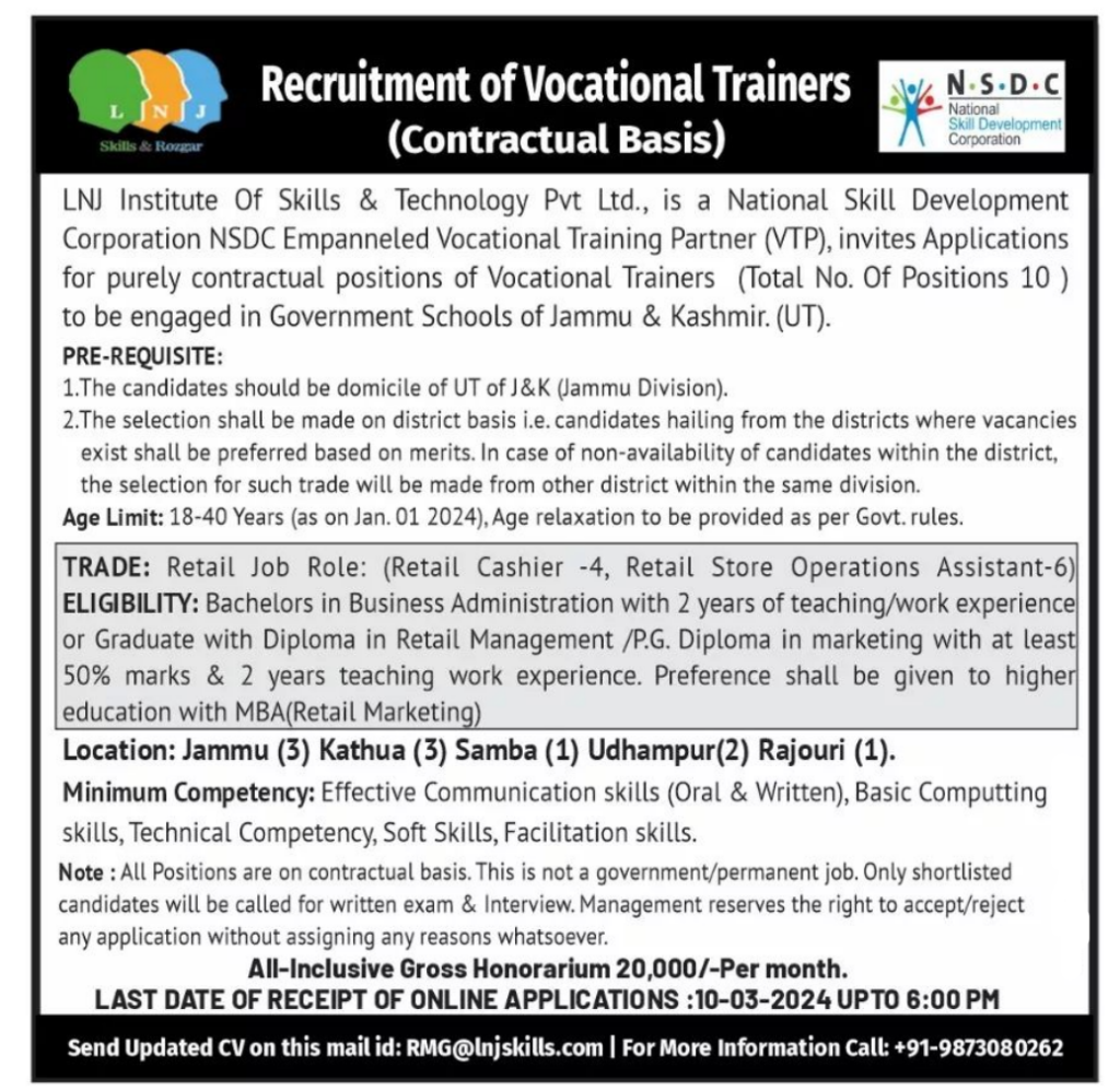 Vocational Trainers posts in JK LNG Institute