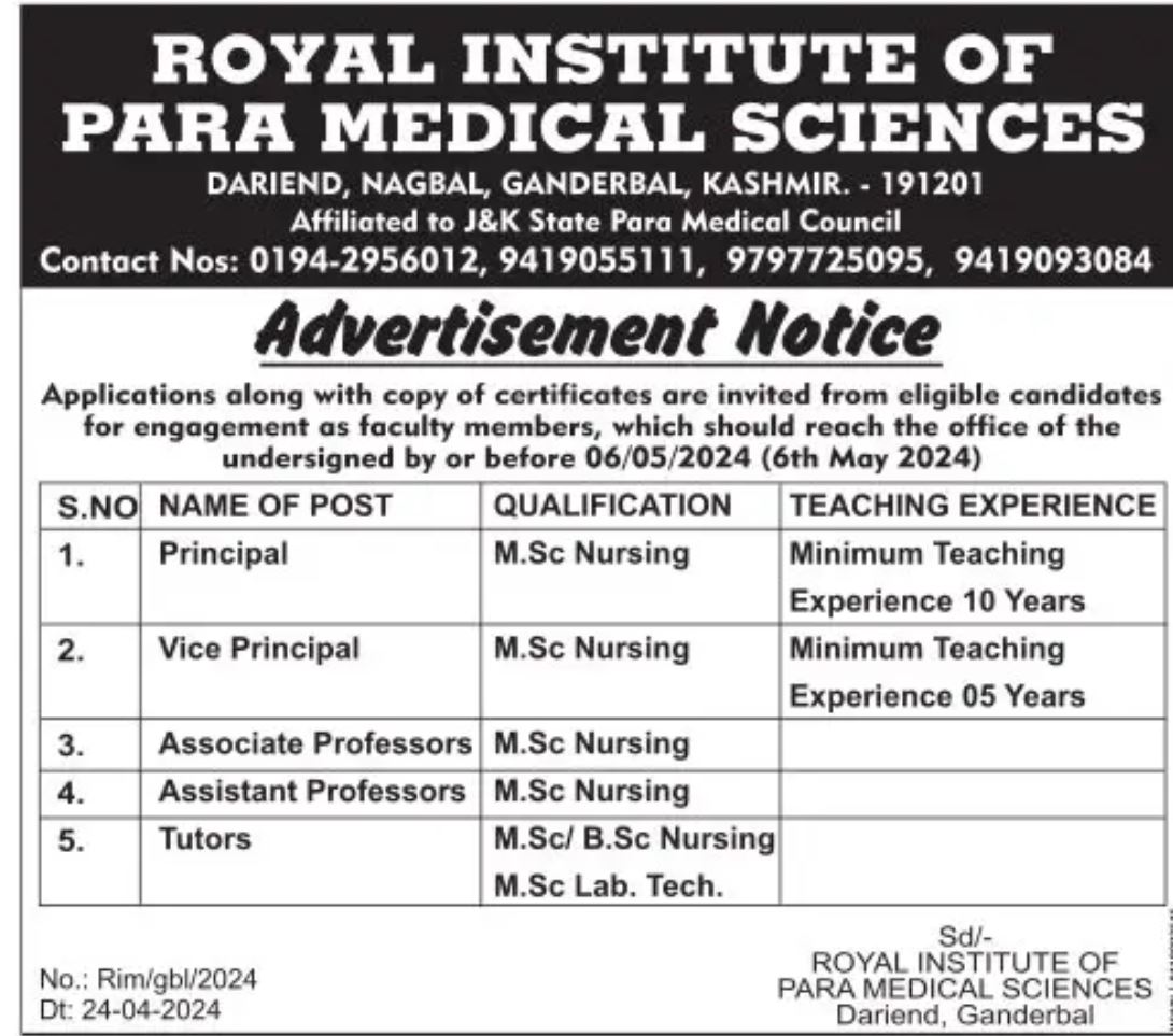 Royal Institute of Paramedical Sciences Jobs 2024