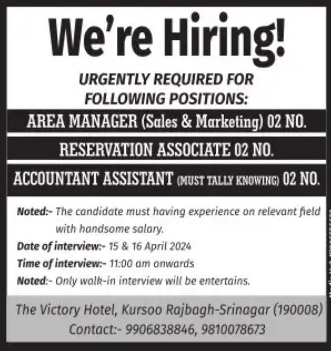 Victory Hotel Kursoo Rajbagh Jobs Notice