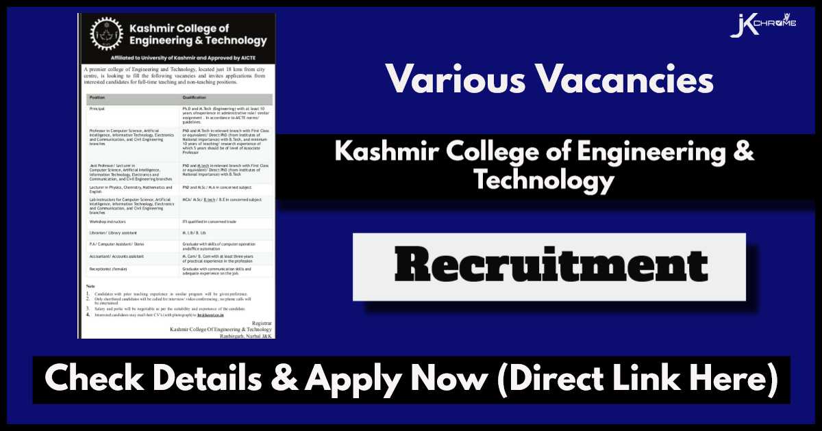 Kashmir College of Engineering & Technology Srinagar Jobs 2024, Apply Now for Teaching and Non-Teaching Posts