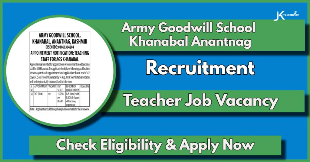 Army Goodwill School Khanabal Teacher Recruitment 2024: Check Vacancy Details, Eligibility