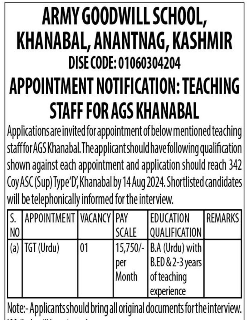 Army Goodwill School Khanabal Teacher Recruitment 2024: Check Vacancy Details, Eligibility 