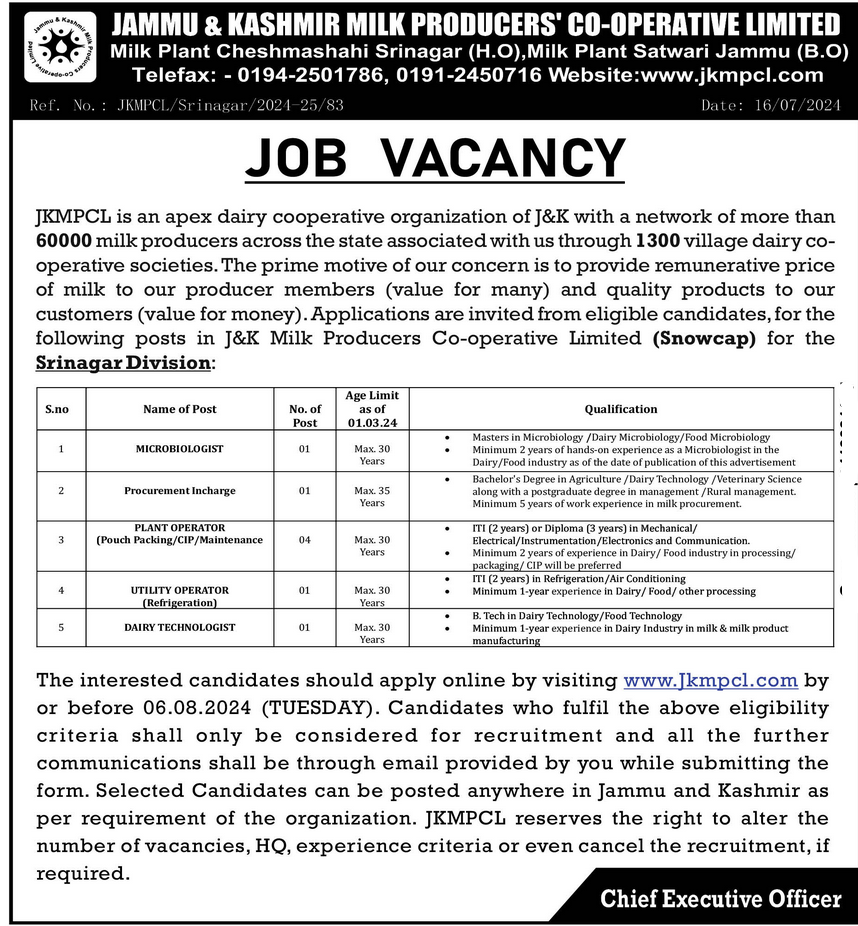 Jammu & Kashmir Milk Producers’ Cooperative Ltd Jobs Recruitment 2024: Apply Now for Various Posts