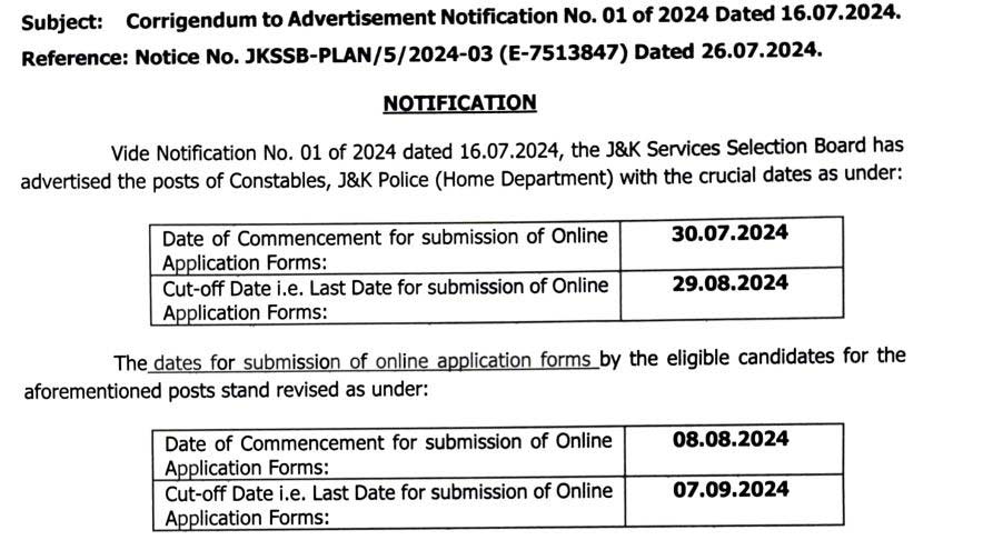 JKP Constable Recruitment 2024: Online Apply Dates Changed, Check New Dates for submission of Applications