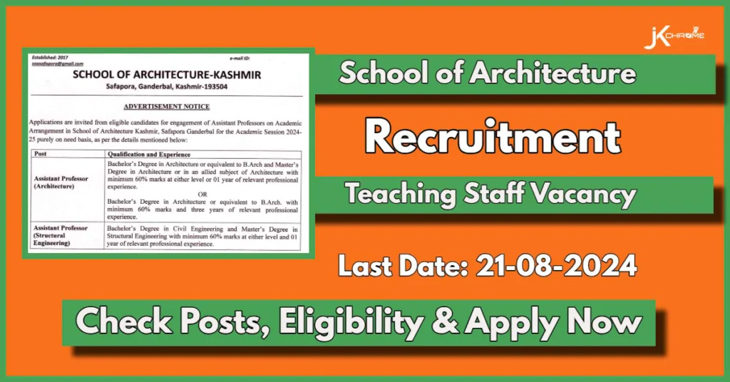 School of Architecture Kashmir Assistant Professors Recruitment 2024: Check Eligibility, and other Details, Apply Now