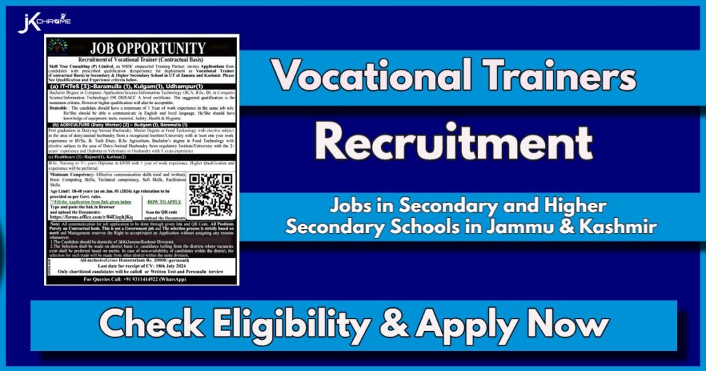 Vocational Trainer Jobs Recruitment 2024 Notification Out for Various Vacancies in J&K Govt schools, Salary 20,000, Apply Now