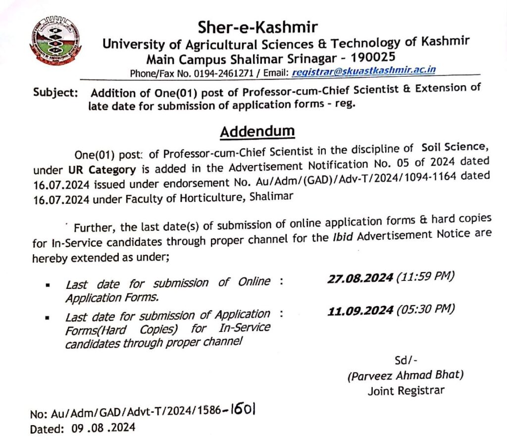 SKUAST Kashmir Recruitment 2024: Apply Now for 42 Vacancies, Last Date Extended