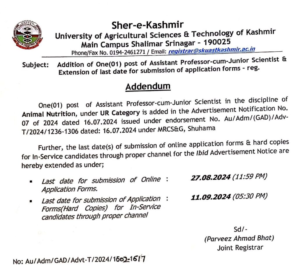 SKUAST Kashmir Recruitment 2024: Apply Now for 42 Vacancies, Last Date Extended