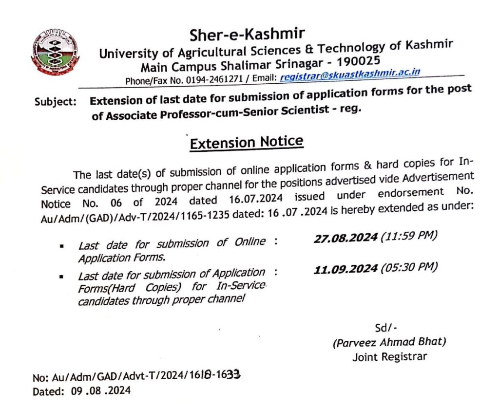 SKUAST Kashmir Recruitment 2024: Apply Now for 42 Vacancies, Last Date Extended