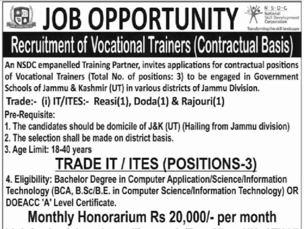 Vocational Trainer Recruitment 2024 Notification Out: Apply Now for Various Posts in J&K Govt schools