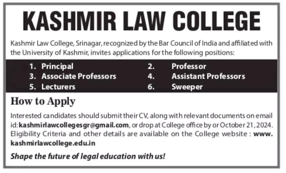 Kashmir Law College Srinagar Recruitment for Teaching and Non Teaching posts