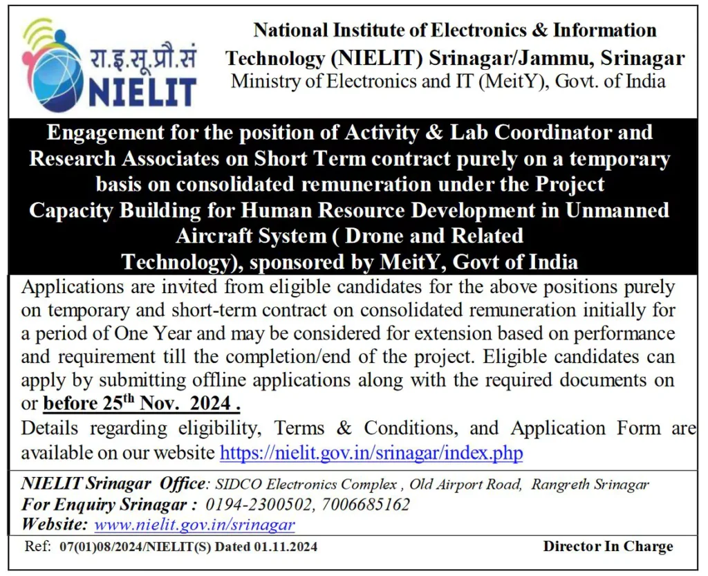 NIELIT Srinagar Recruitment 2024 Notification, Check Vacancies, Eligibility and Apply Now