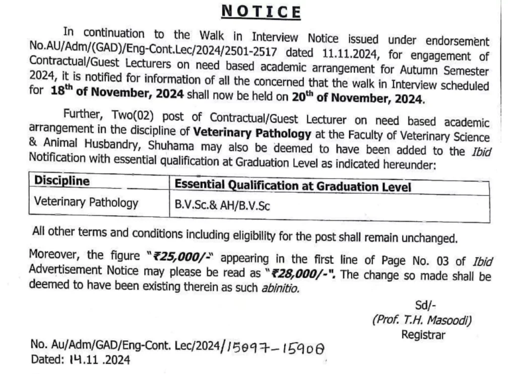 SKUAST Kashmir Guest Lecturer Vacancies 2024, Walk-in Interview on Nov 20, Check Eligibility