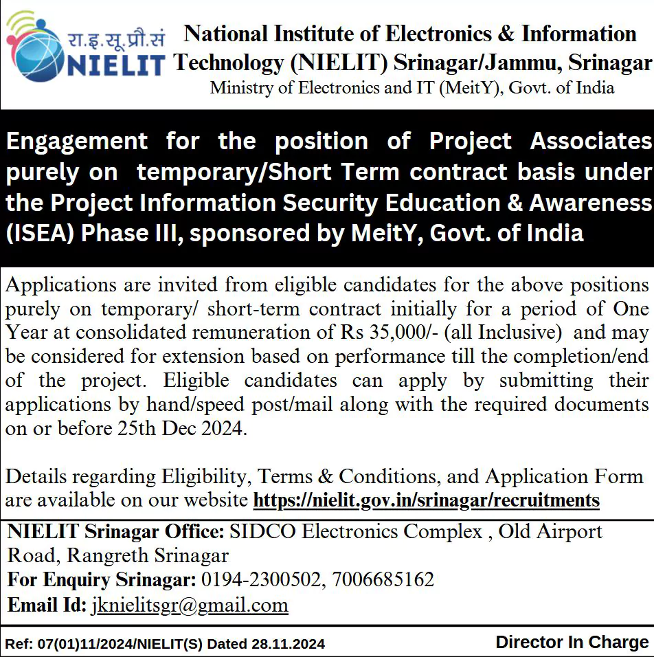 NIELIT Srinagar Project Associates Job Notice NIELIT Srinagar Recruitment 2024: Check posts eligibilty