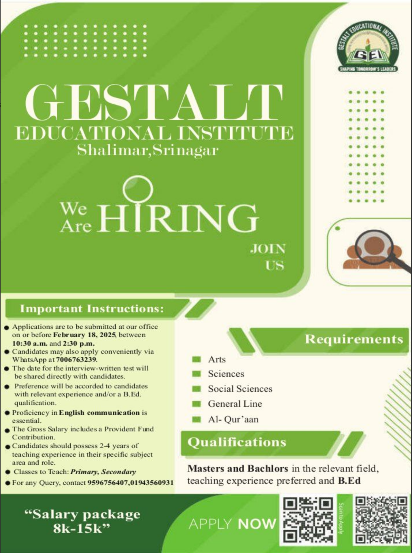 Gestalt Educational Institute Shalimar Srinagar Teacher Vacancies 2025