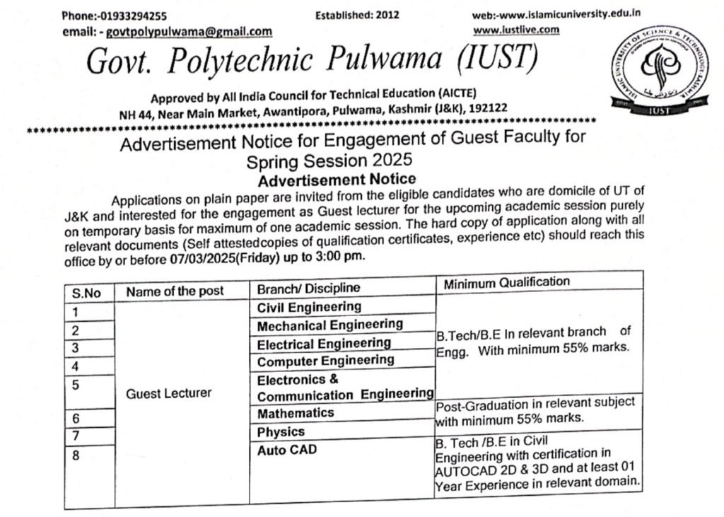 IUST Govt. Polytechnic Pulwama Guest Faculty Recruitment 2025 – Details