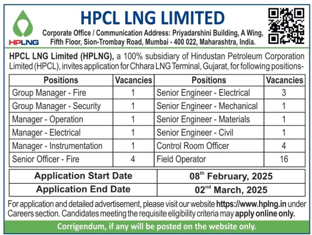 Vacancy Details of HPLNG Recruitment 2025