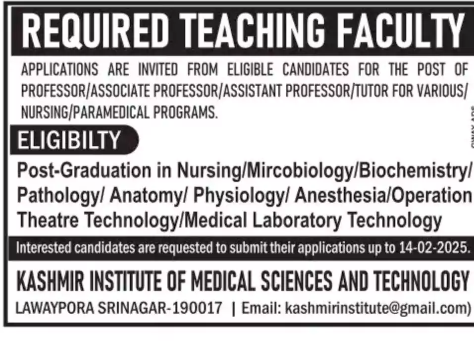 Kashmir Institute of Medical Sciences and Technology Srinagar Jobs 2025