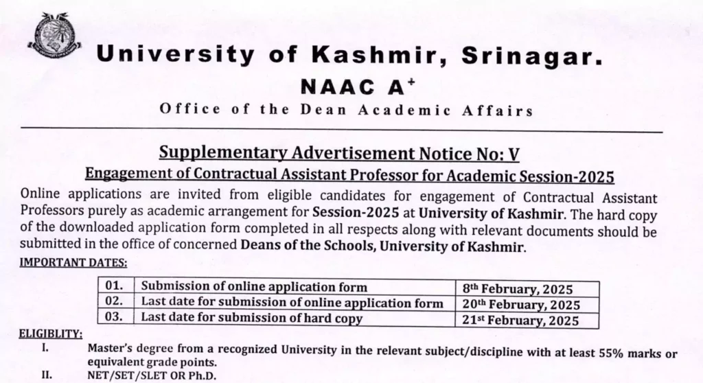 Kashmir University Teaching Posts Recruitment 2025, Important Dates