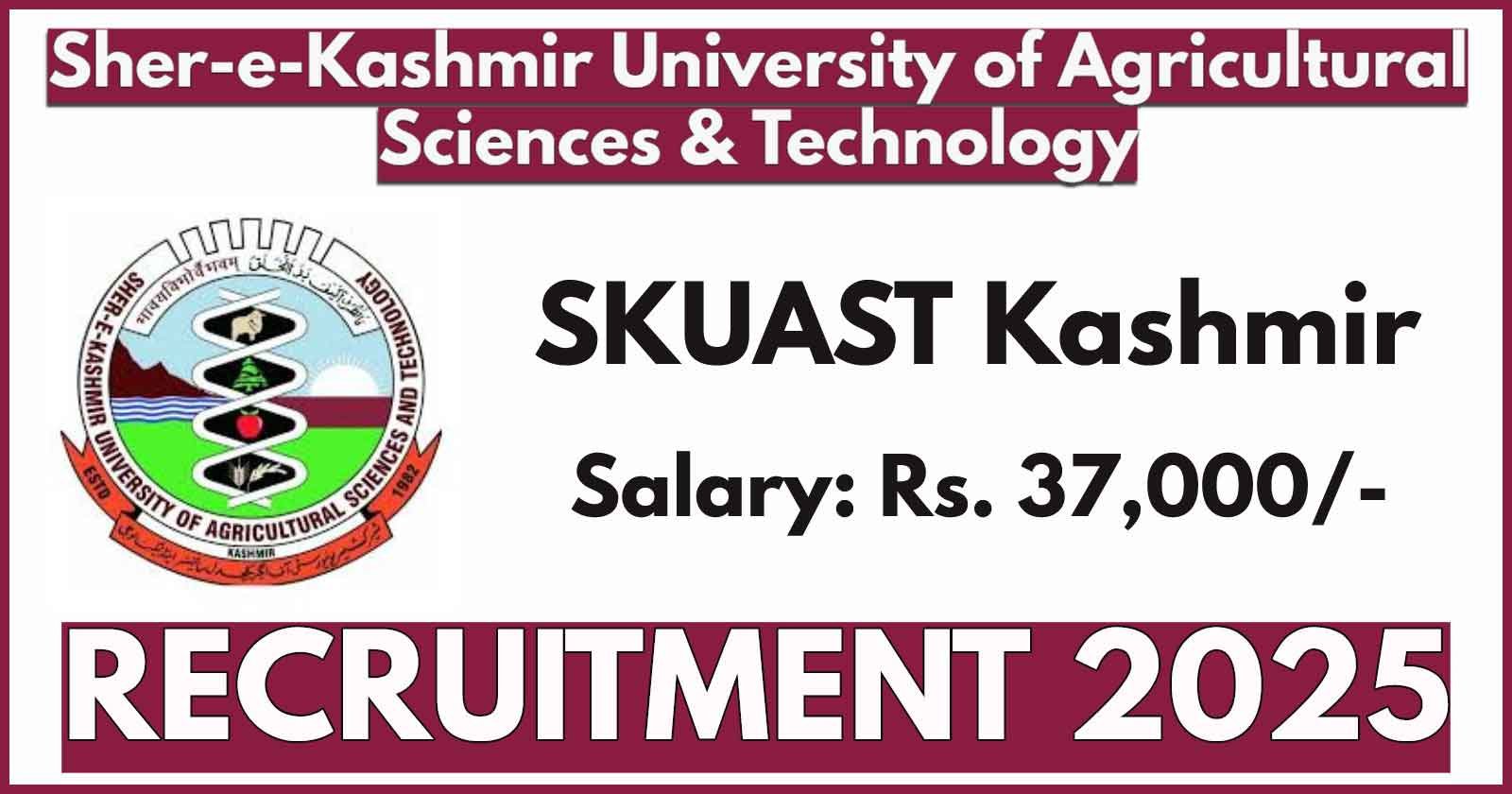 SKUAST Kashmir Research Assistant Recruitment 2025 Notification, Apply Now