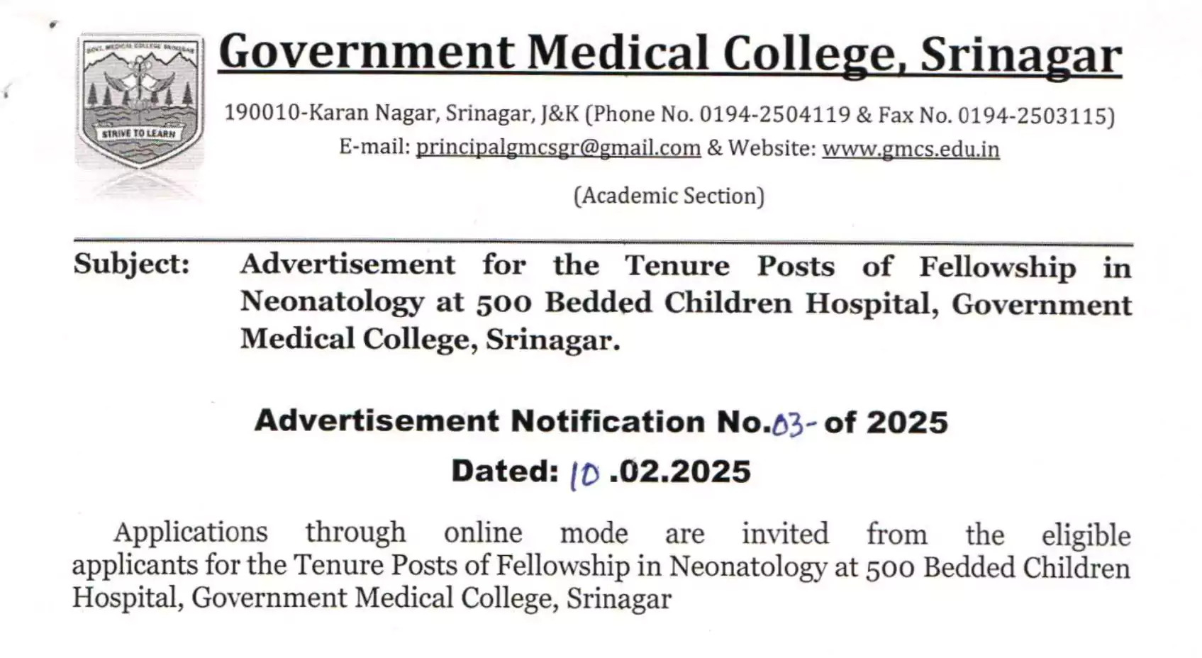 GMC Srinagar Children's Hospital Recruitment 2025