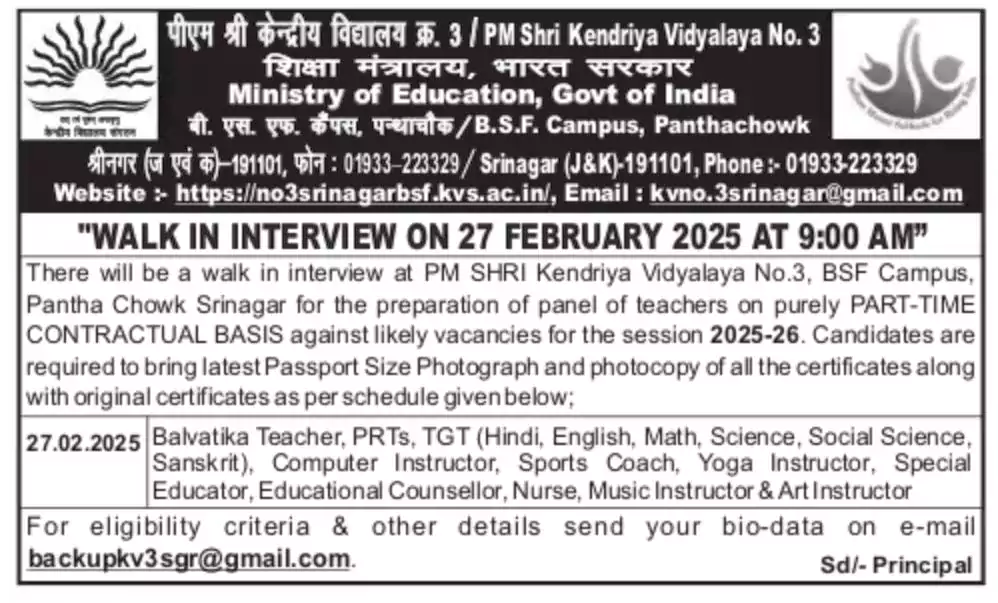 Vacancy Details of Kendriya Vidyalaya Srinagar Recruitment 2025