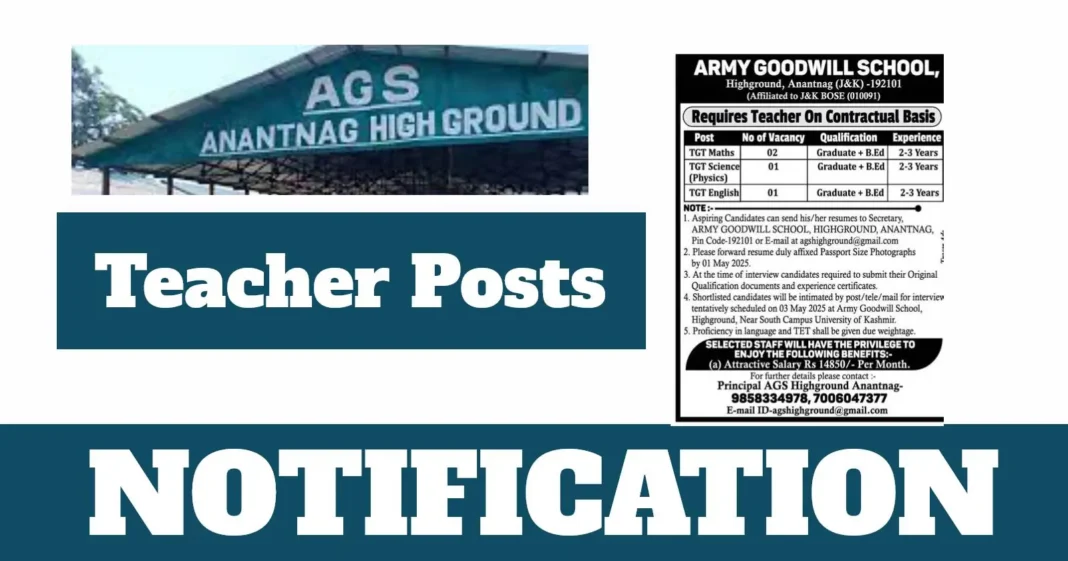 Army Goodwill School Anantnag Teacher Vacancies 2025