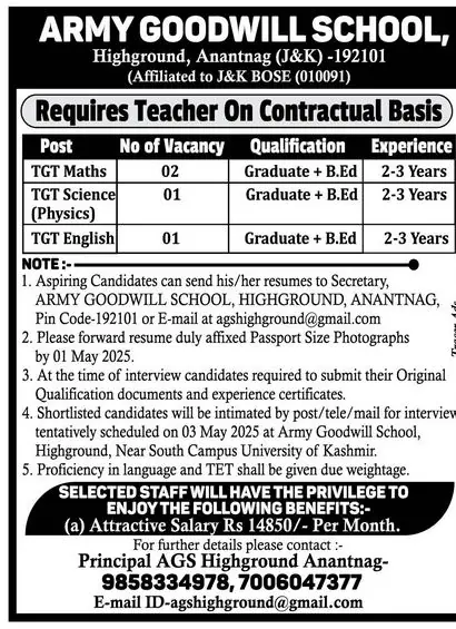 Army Goodwill School Anantnag Teacher Vacancies 2025 Army Goodwill School Anantnag Teacher Vacancies 2025