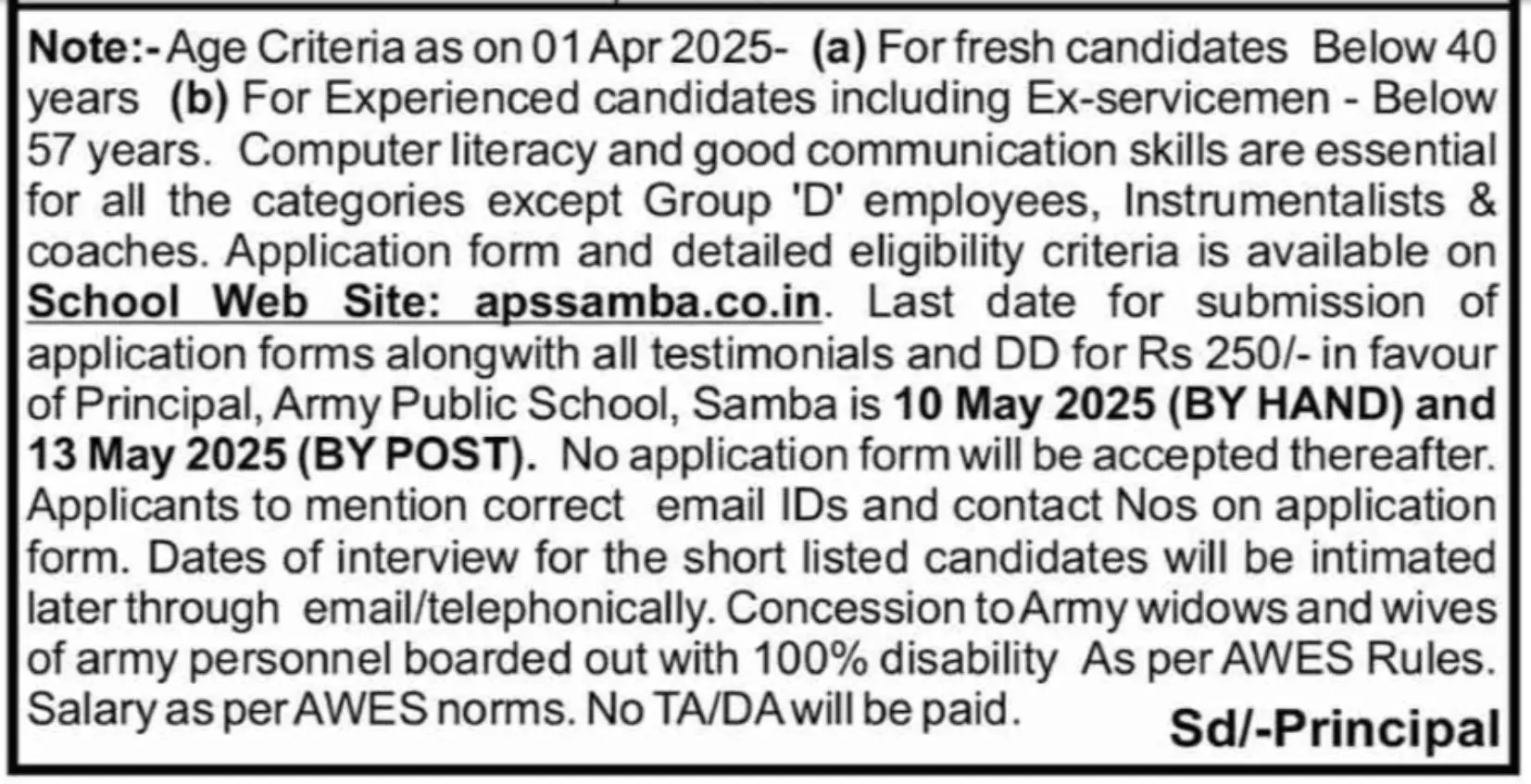 Army Public School Samba Announces Vacancies for Teaching & Non-Teaching Posts 2025-26