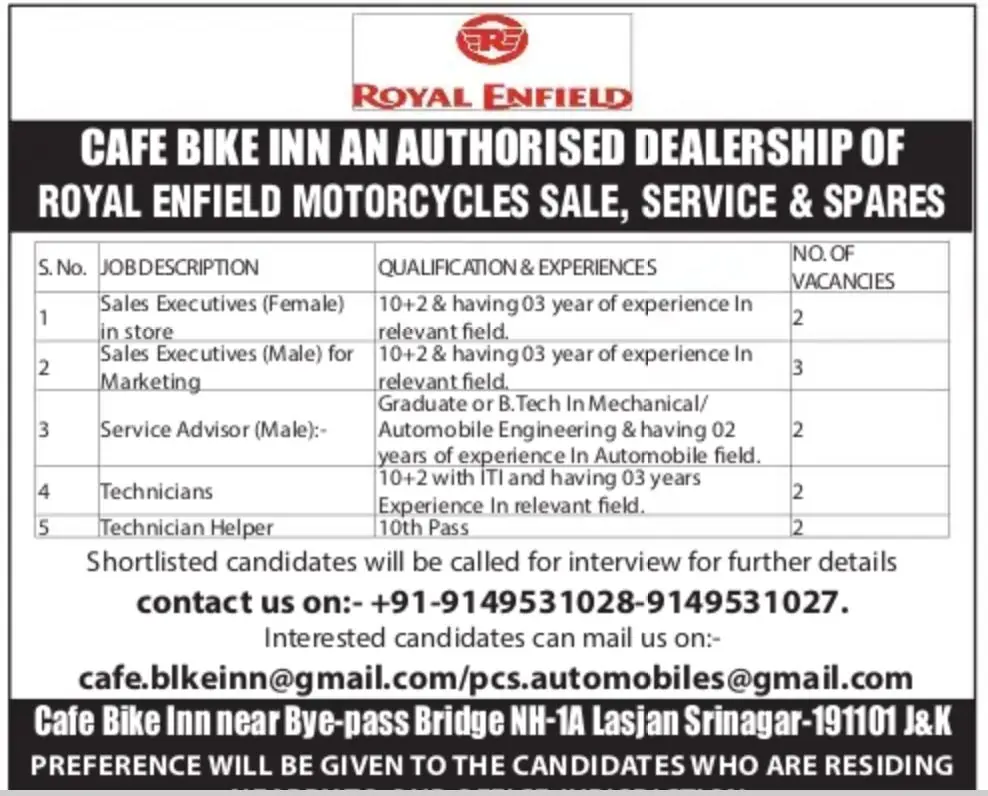 Café Bike Inn Srinagar 2025 Notification Out for Sales Executive, Technician and Other Posts