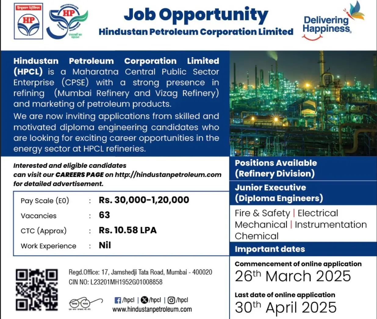 Hindustan Petroleum Notification out for 63 Jr. Executive posts in Refineries Division, Apply Online Now