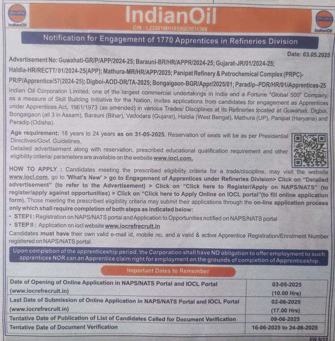 IOCL Apprentice 2025 Notification Out for 1770 Posts Across Refineries Division