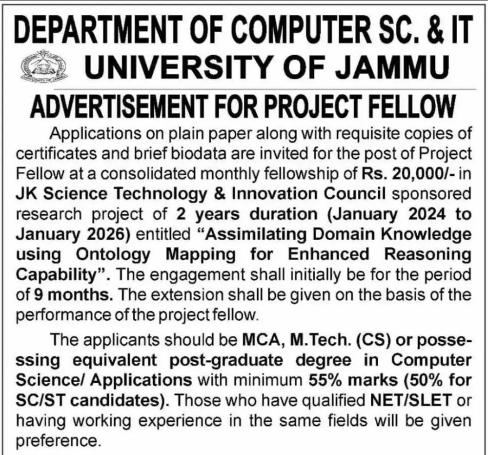 University of Jammu Project Fellow Notification 2025 Out for Department of Computer Science & IT