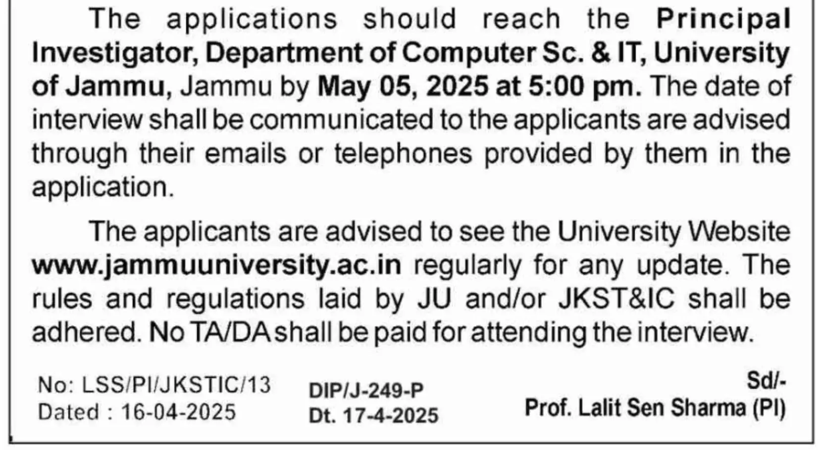 University of Jammu Project Fellow Notification 2025 Out for Department of Computer Science & IT