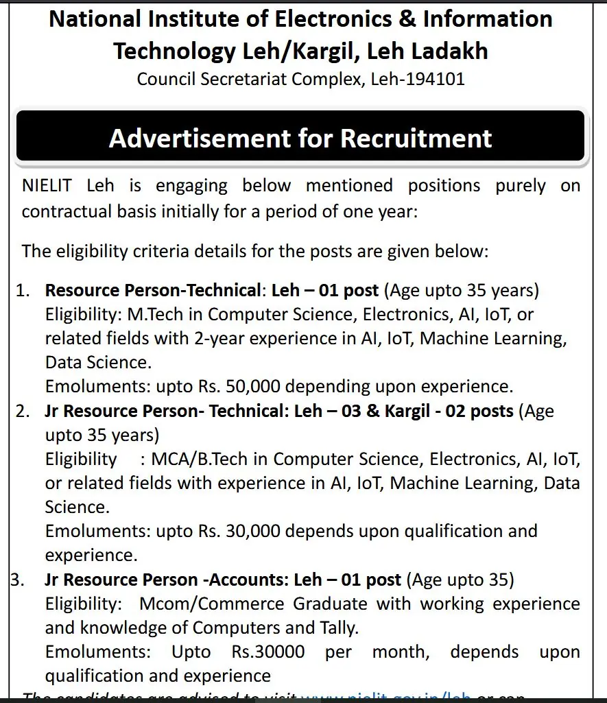 NIELIT Leh and Kargil Vacancies 2025 Out for Resource Person and Junior Resource Person Posts