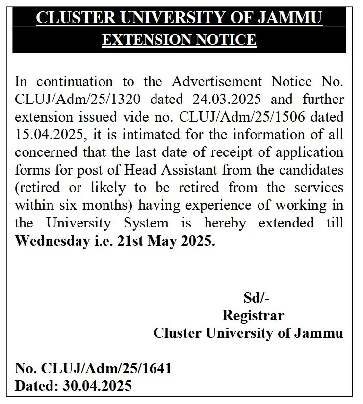 Cluster University of Jammu Invites Applications for Non Teaching Post, Last Dates Extended