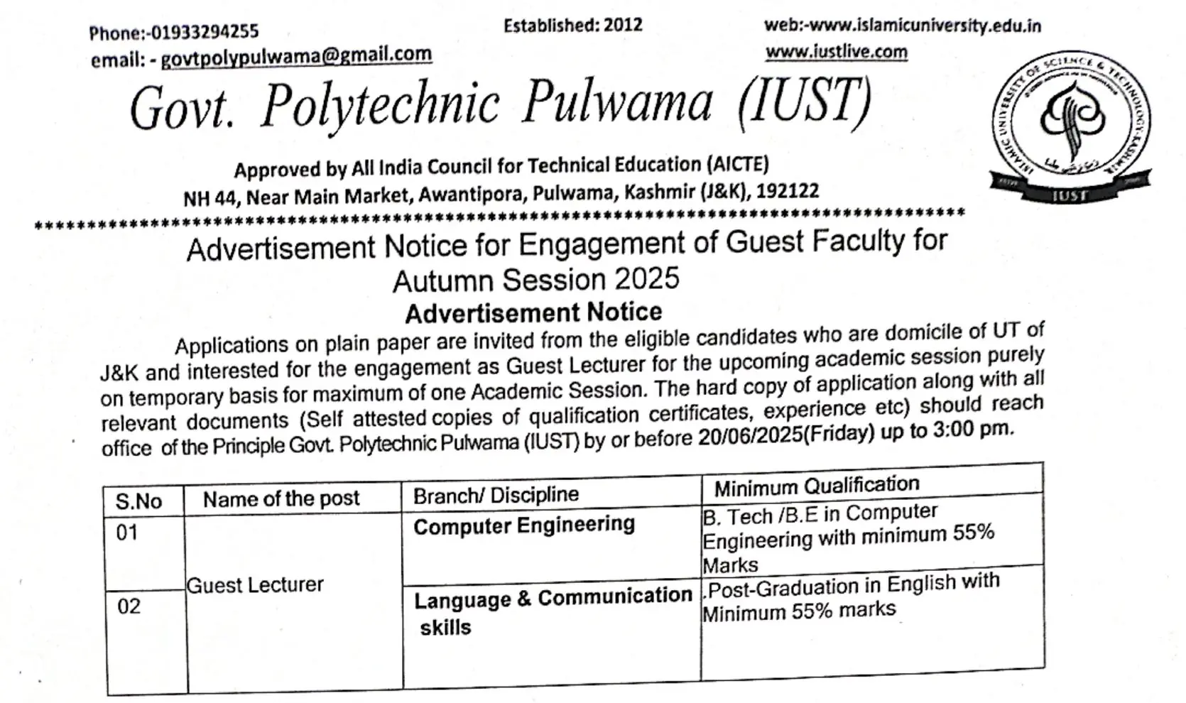 Guest Lecturer Vacancies at Govt Polytechnic Pulwama, Check Details and Apply Now