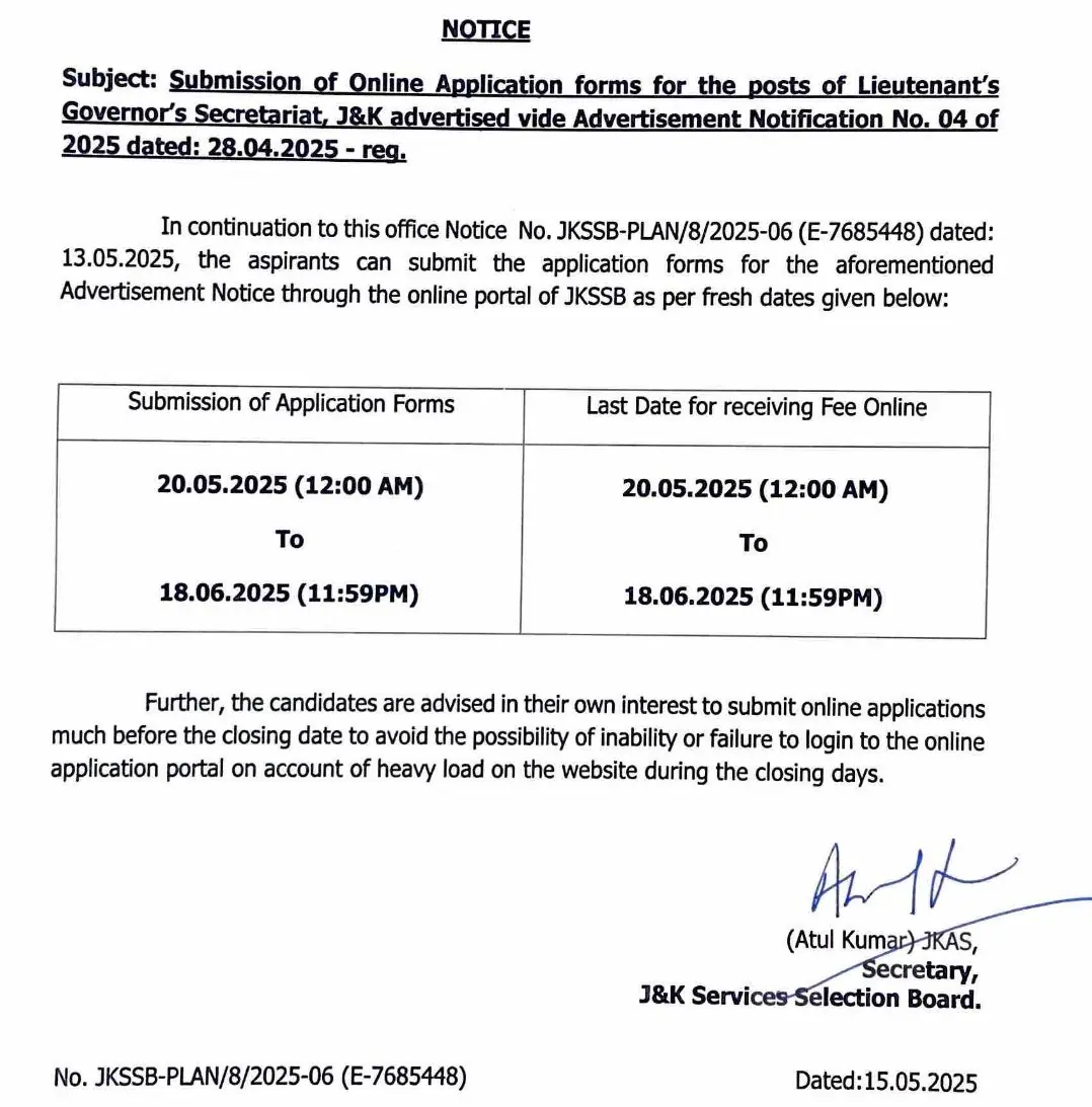 JKSSB releases various Posts under Lieutenant Governor’s Secretariat – Apply Online from May 20, 2025
