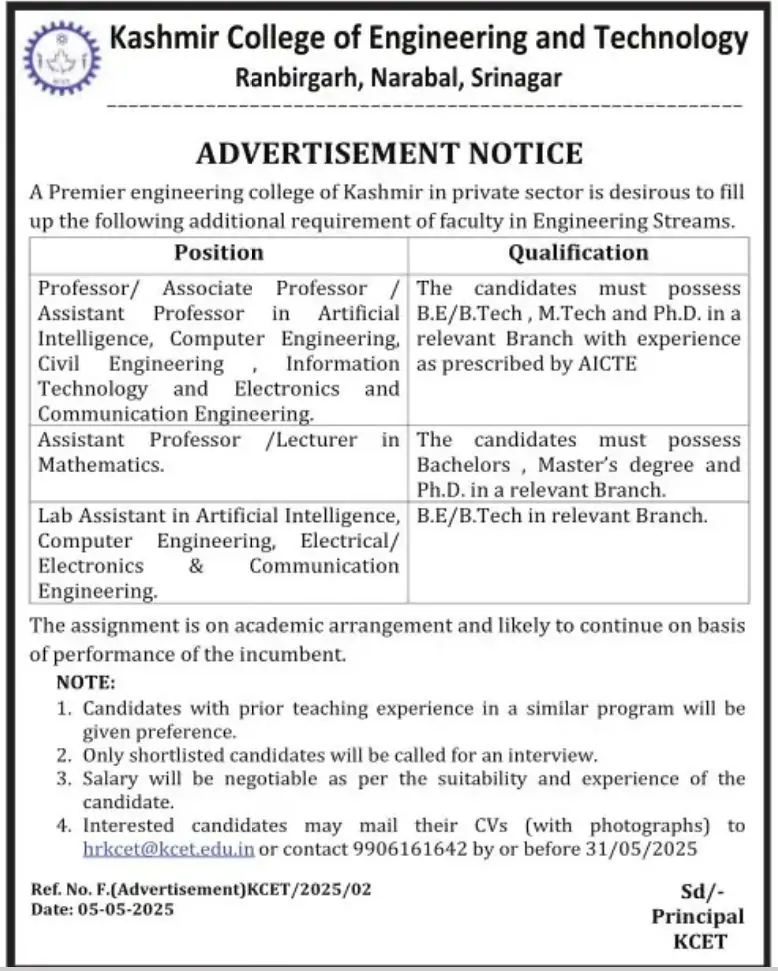 KCET Srinagar Invites Applications for Faculty and Lab Assistant Positions