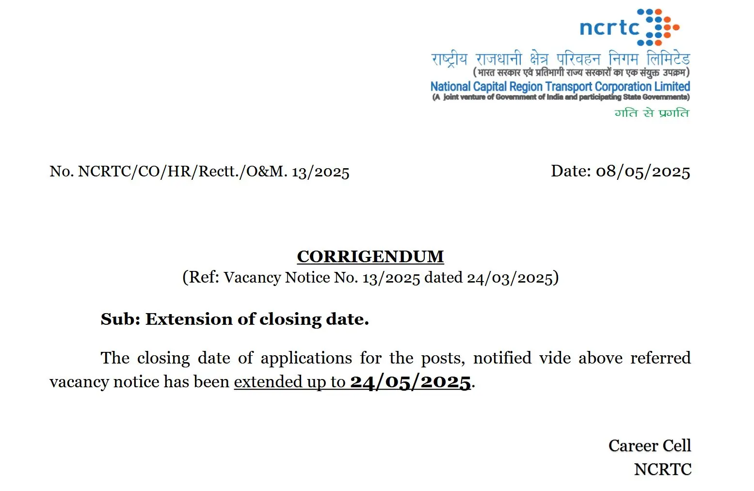 NCRTC Notification 2025 Out for 72 Posts, Last Date Extended to May 24