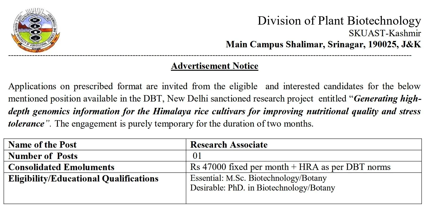 SKUAST-Kashmir Research Associate Vacancy, Montly Salary 47000+ HRA – Apply by 27 May