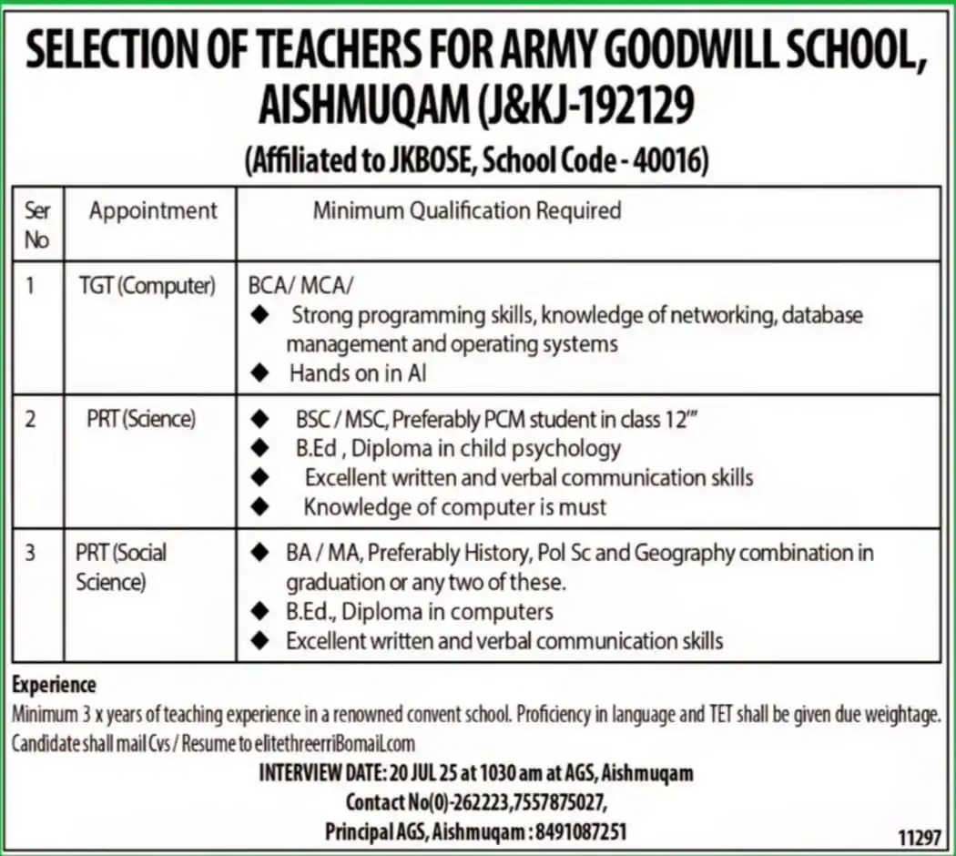 Army Goodwill School Aishmuqam Teaching Posts 2025 – Walk-in Interview on July 20