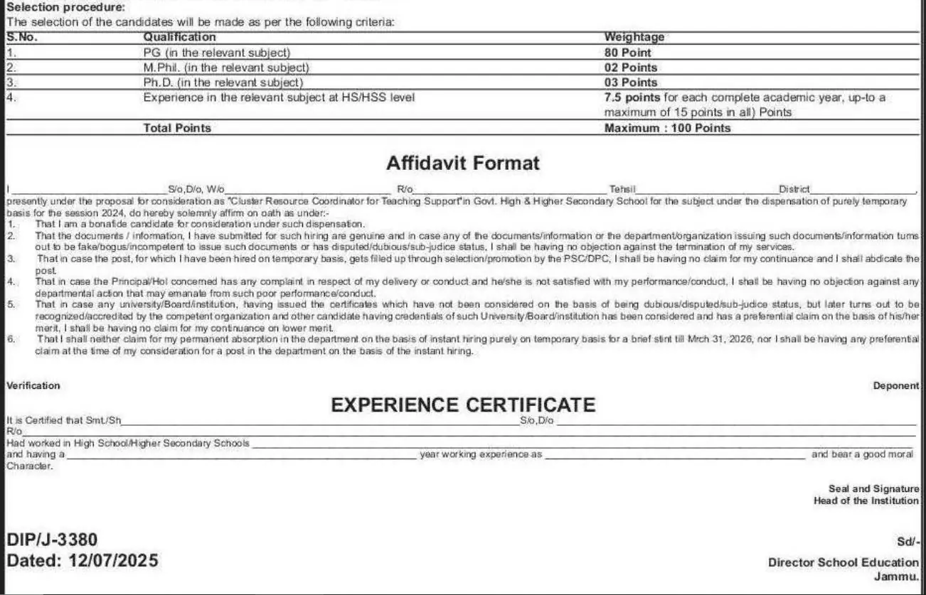 DSEJ Hiring Cluster Resource Coordinators for Teaching Support in Jammu Division Schools